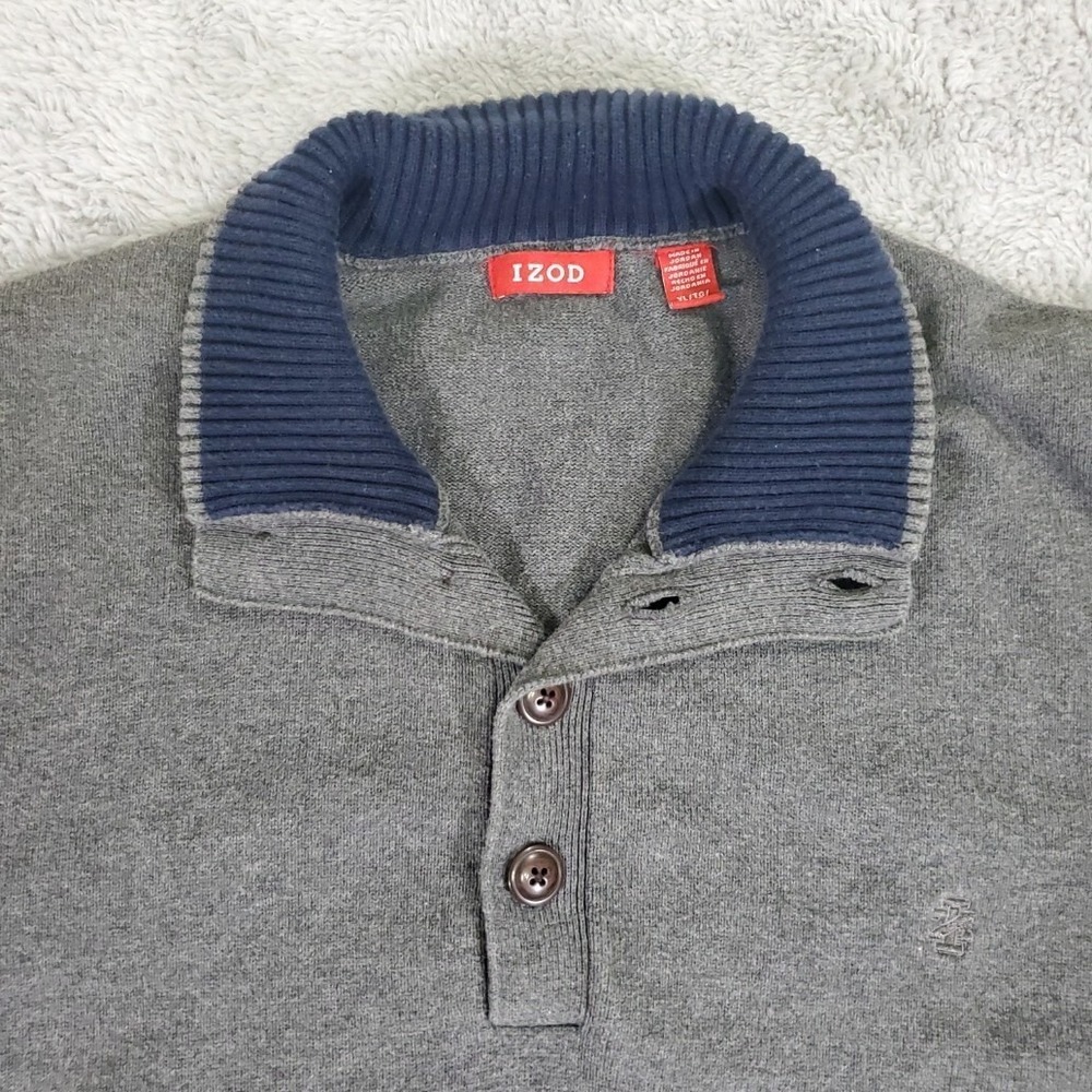 IZOD Mens XL Gray Quarter Button Mock Neck Sweater Navy Trim Preppy Grandpacore - Picture 9 of 14